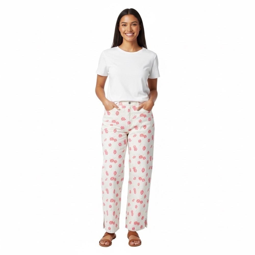 Liz Claiborne Womens Size 12 Floral Print Pants‎ Cream with Pink Flowers Casual